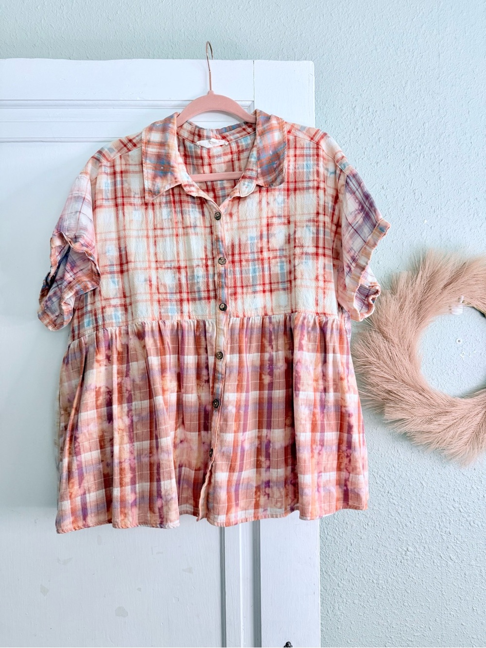 Women’s Short-Sleeve Button-Front Plaid Peplum Top - Pink Multi - Picture 9 of 9